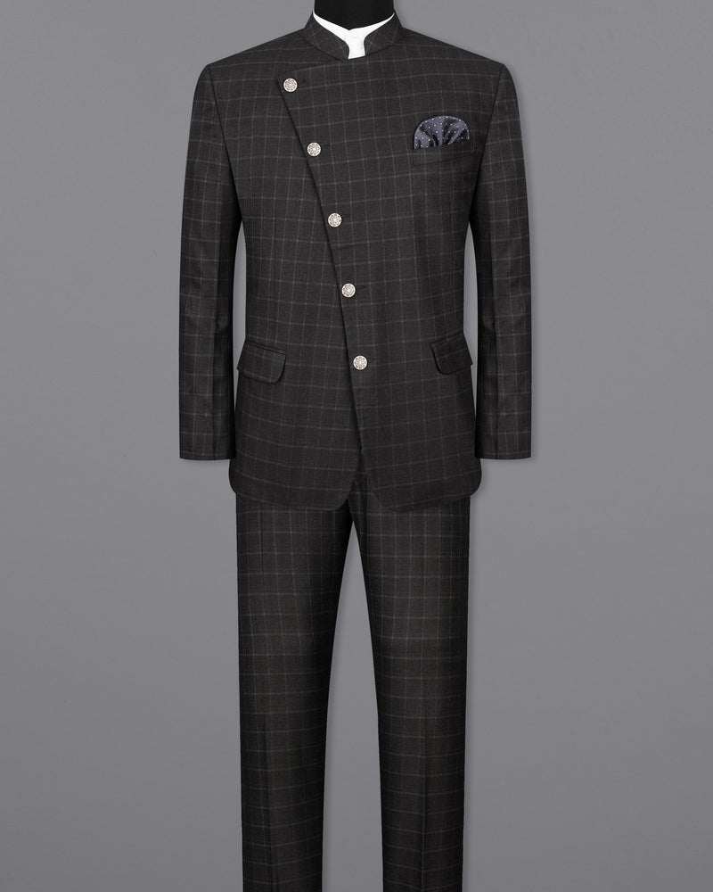 Zeus Light Black Windowpane Cross Buttoned Bandhgala Suit