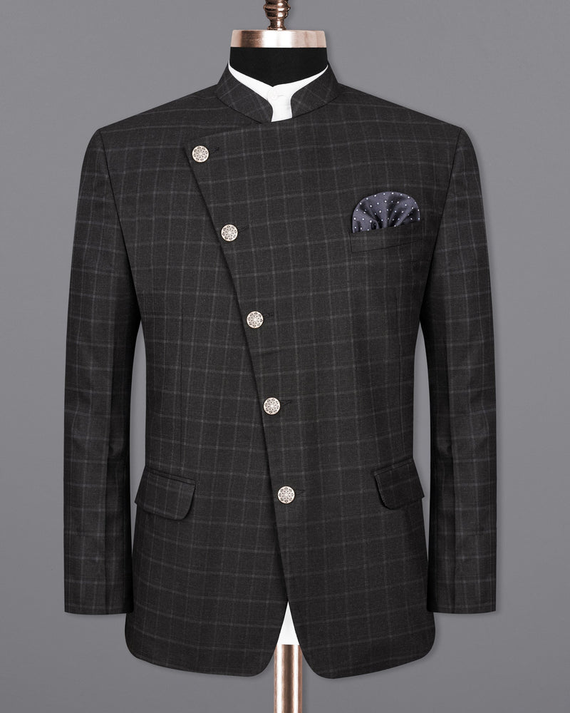 Zeus Light Black Windowpane Cross Buttoned Bandhgala Suit