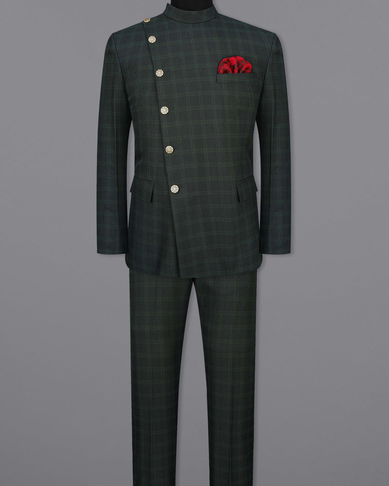 Zeus Green Plaid Cross Buttoned Bandhgala Suit