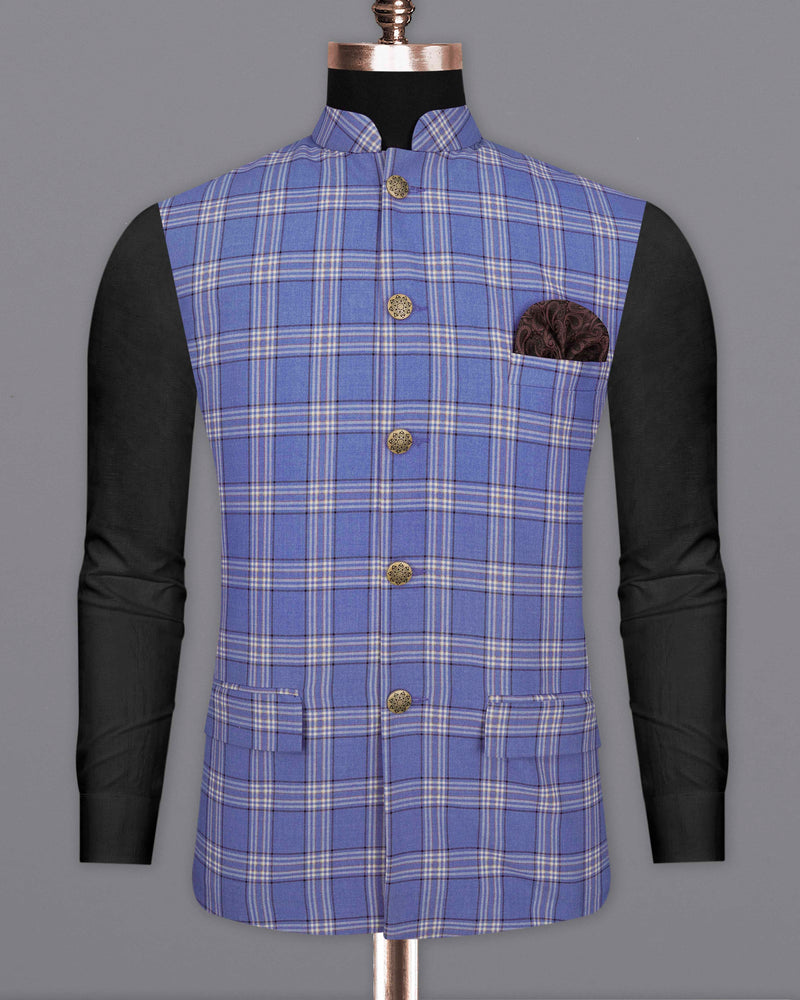 Scampi Blue with Heather Gray Plaid Cross Buttoned Bandhgala Suit