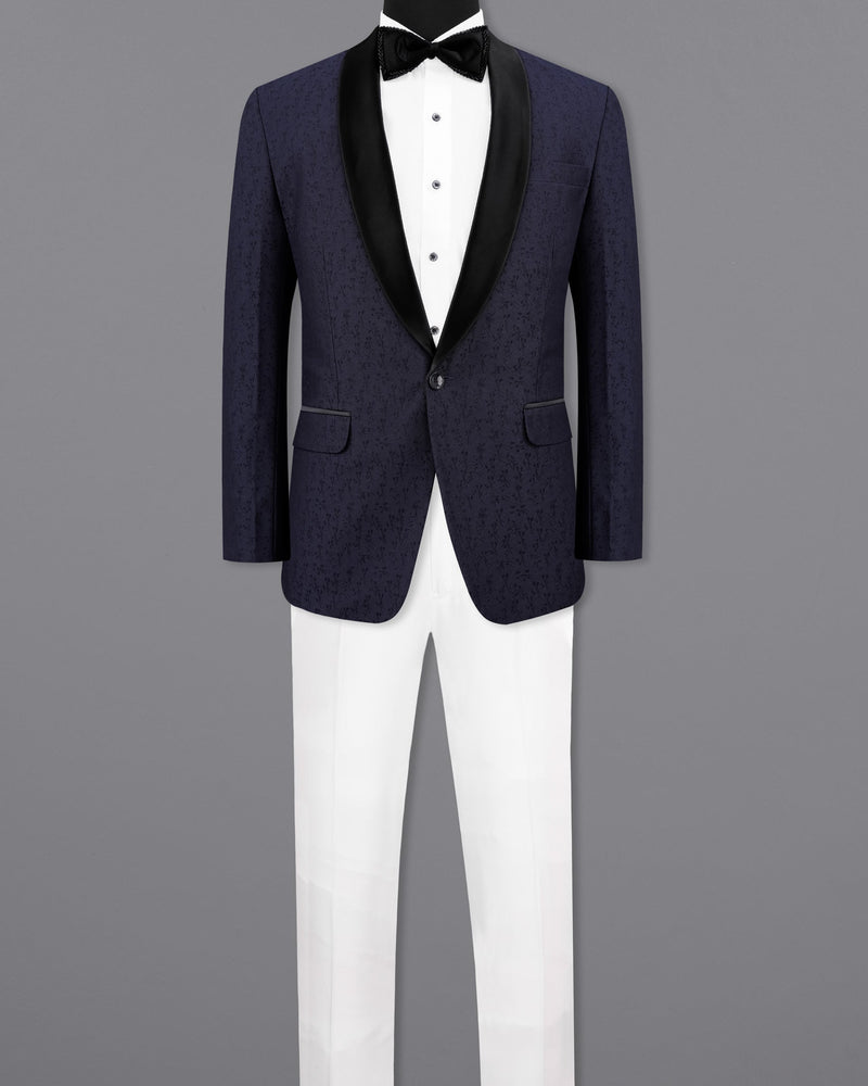 Bleached Cedar Navy Blue Ditzy Textured With Black Lapel Tuxedo Suit