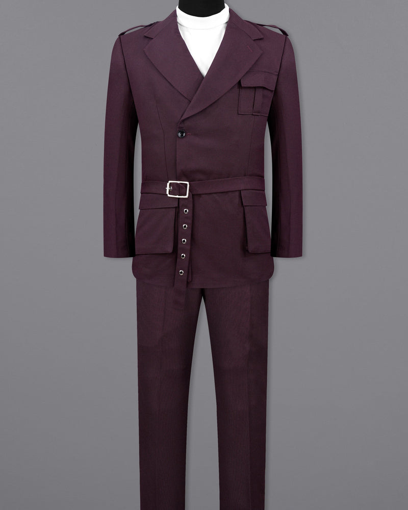 Eclipse Maroon Double Breasted Designer Suit with Belt Closure