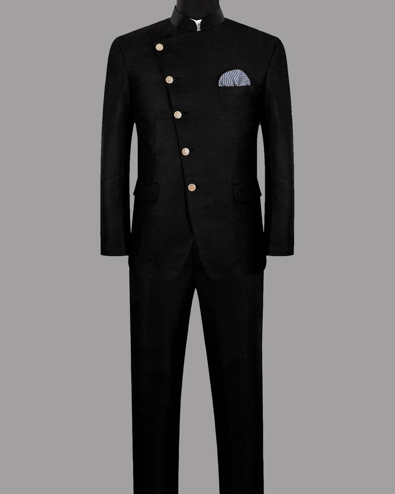 Jade black Diamond Textured Cross Button Bandhgala/Mandarin Wool-Silk blend Suit