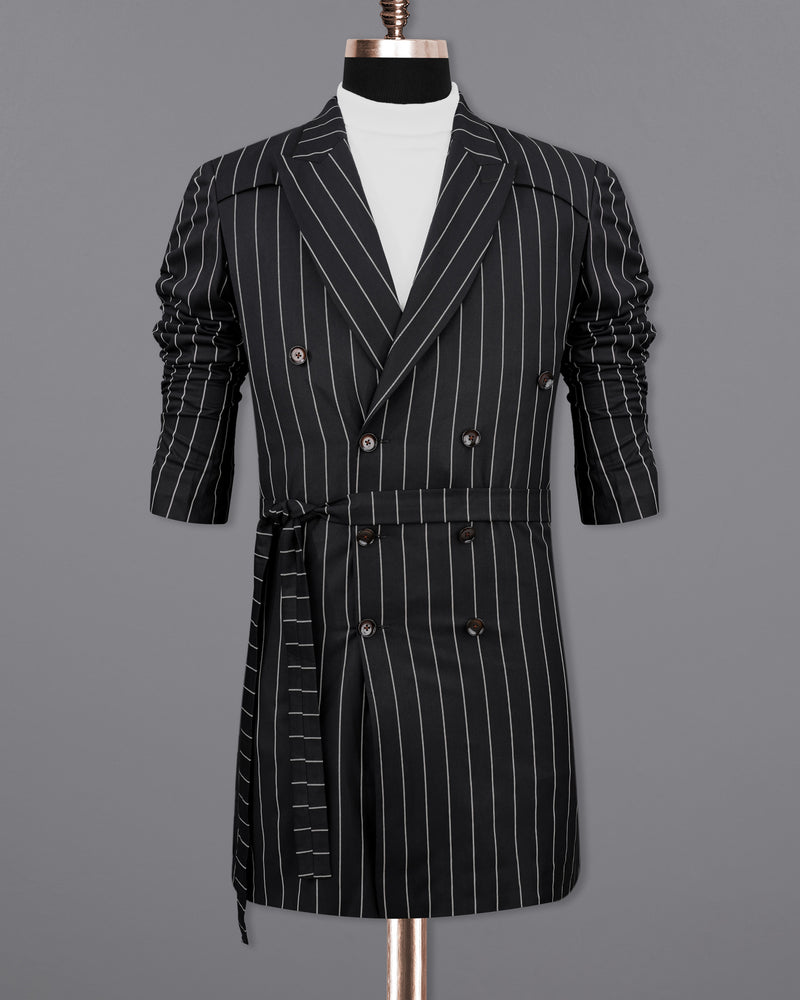 Jaguar Black with Concrete Gray Striped Double Breasted Belt Closure Trench Coat Belt Closure