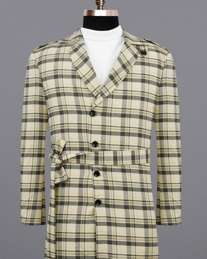 Wheatfield Cream with Taupe Green Plaid Premium Cotton with Belt Closure Designer Trench Coat TCB2108-SB-D195-36, TCB2108-SB-D195-38, TCB2108-SB-D195-40, TCB2108-SB-D195-42, TCB2108-SB-D195-44, TCB2108-SB-D195-46, TCB2108-SB-D195-48, TCB2108-SB-D195-50, TCB2108-SB-D195-52, TCB2108-SB-D195-54, TCB2108-SB-D195-56, TCB2108-SB-D195-58, TCB2108-SB-D195-60