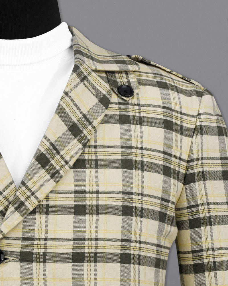 Wheatfield Cream with Taupe Green Plaid Premium Cotton with Belt Closure Designer Trench Coat TCB2108-SB-D195-36, TCB2108-SB-D195-38, TCB2108-SB-D195-40, TCB2108-SB-D195-42, TCB2108-SB-D195-44, TCB2108-SB-D195-46, TCB2108-SB-D195-48, TCB2108-SB-D195-50, TCB2108-SB-D195-52, TCB2108-SB-D195-54, TCB2108-SB-D195-56, TCB2108-SB-D195-58, TCB2108-SB-D195-60