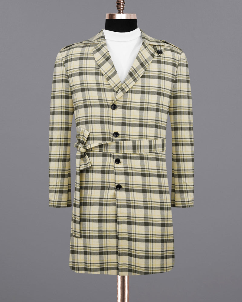 Wheatfield Cream with Taupe Green Plaid Premium Cotton with Belt Closure Designer Trench Coat TCB2108-SB-D195-36, TCB2108-SB-D195-38, TCB2108-SB-D195-40, TCB2108-SB-D195-42, TCB2108-SB-D195-44, TCB2108-SB-D195-46, TCB2108-SB-D195-48, TCB2108-SB-D195-50, TCB2108-SB-D195-52, TCB2108-SB-D195-54, TCB2108-SB-D195-56, TCB2108-SB-D195-58, TCB2108-SB-D195-60