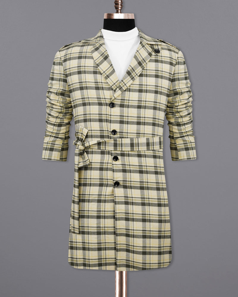 Wheatfield Cream with Taupe Green Plaid Premium Cotton with Belt Closure Designer Trench Coat TCB2108-SB-D195-36, TCB2108-SB-D195-38, TCB2108-SB-D195-40, TCB2108-SB-D195-42, TCB2108-SB-D195-44, TCB2108-SB-D195-46, TCB2108-SB-D195-48, TCB2108-SB-D195-50, TCB2108-SB-D195-52, TCB2108-SB-D195-54, TCB2108-SB-D195-56, TCB2108-SB-D195-58, TCB2108-SB-D195-60