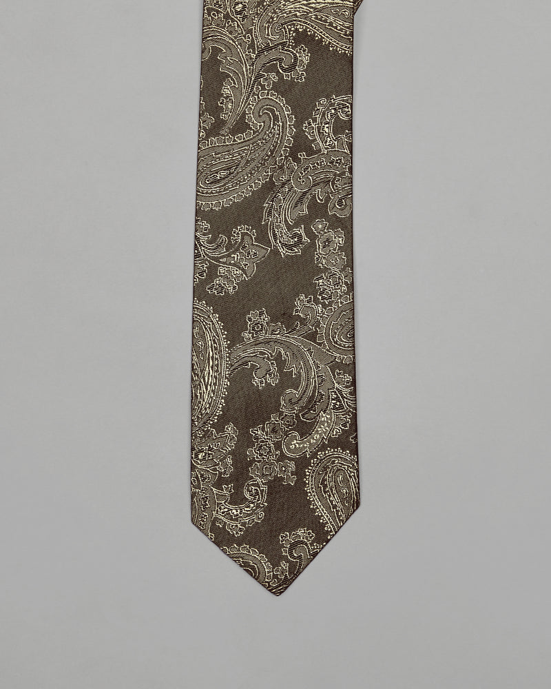 Olive Grey Paisley Jacquard Tie with Free Pocket square