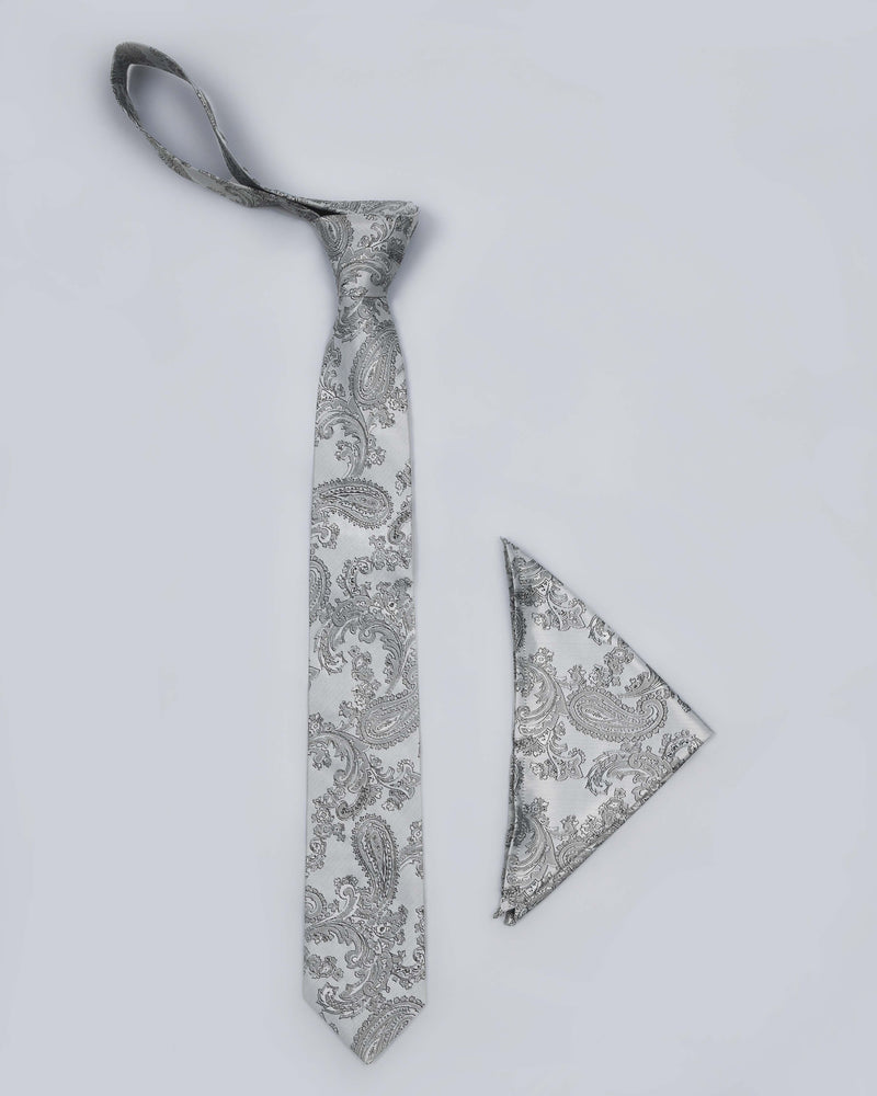 Silver Grey Paisley Jacquard Tie with Free Pocket square