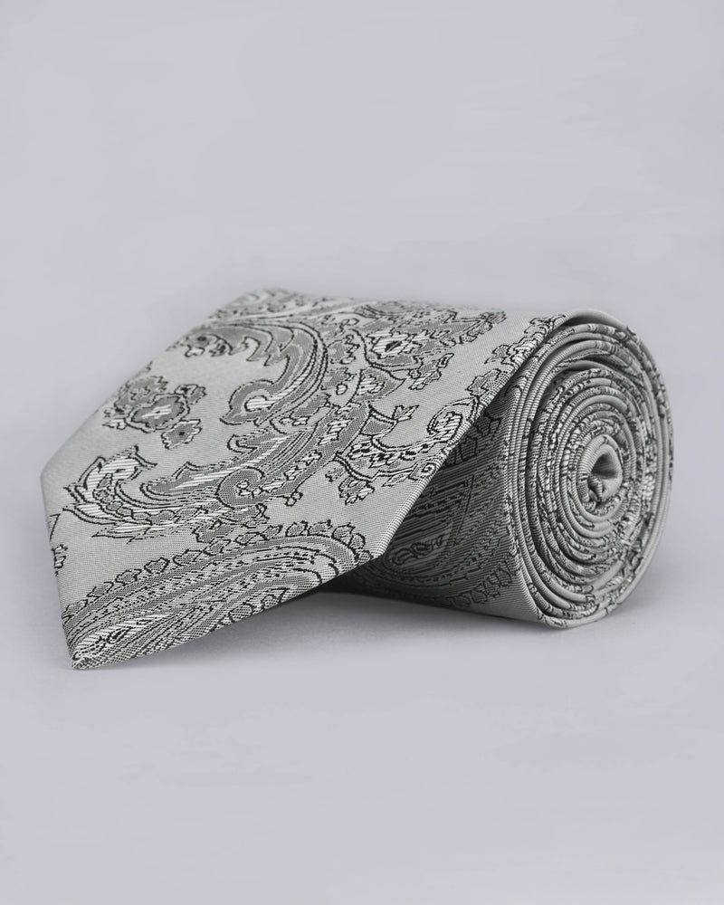 Silver Grey Paisley Jacquard Tie with Free Pocket square