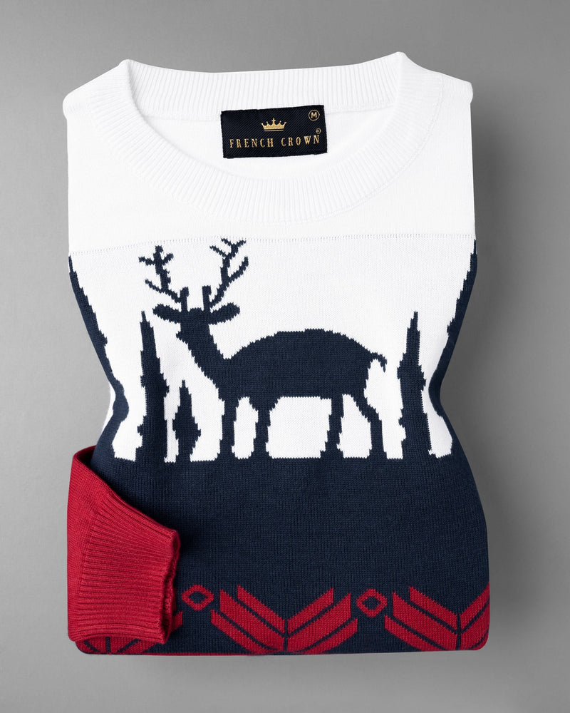 White with Mirage Rust Blue and Venetian Red Jacquard Deer Textured Super Soft Premium Jersey Sweatshirt TS512-S, TS512-M, TS512-L, TS512-XL, TS512-XXL