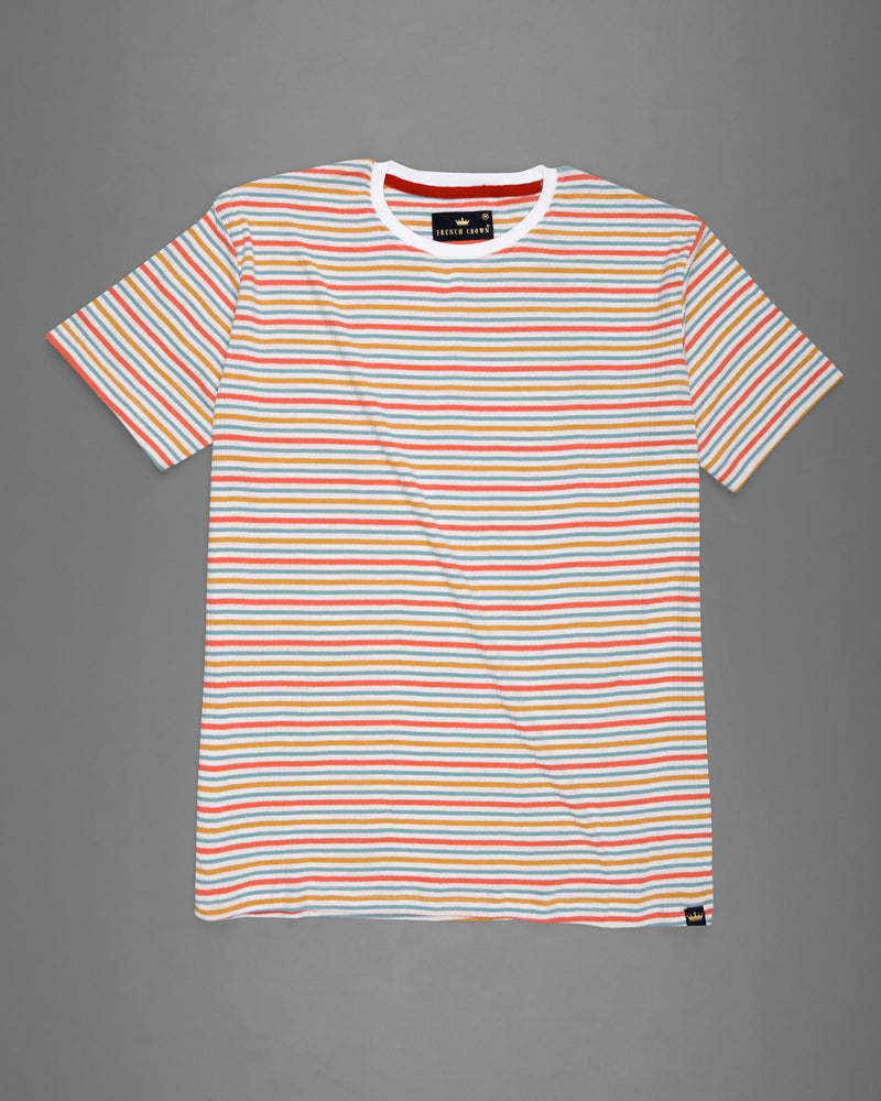 Bright White with Multicolor Striped Dobby Textured Super Soft Premium Cotton T-Shirt TS523-S, TS523-M, TS523-L, TS523-XL, TS523-XXL    