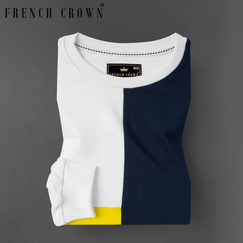 Bright White with Mirage Navy Blue and Aureolin Yellow Colour Block Sweatshirt TS589-S, TS589-M, TS589-L, TS589-XL, TS589-XXL, TS589-3XL, TS589-4XL