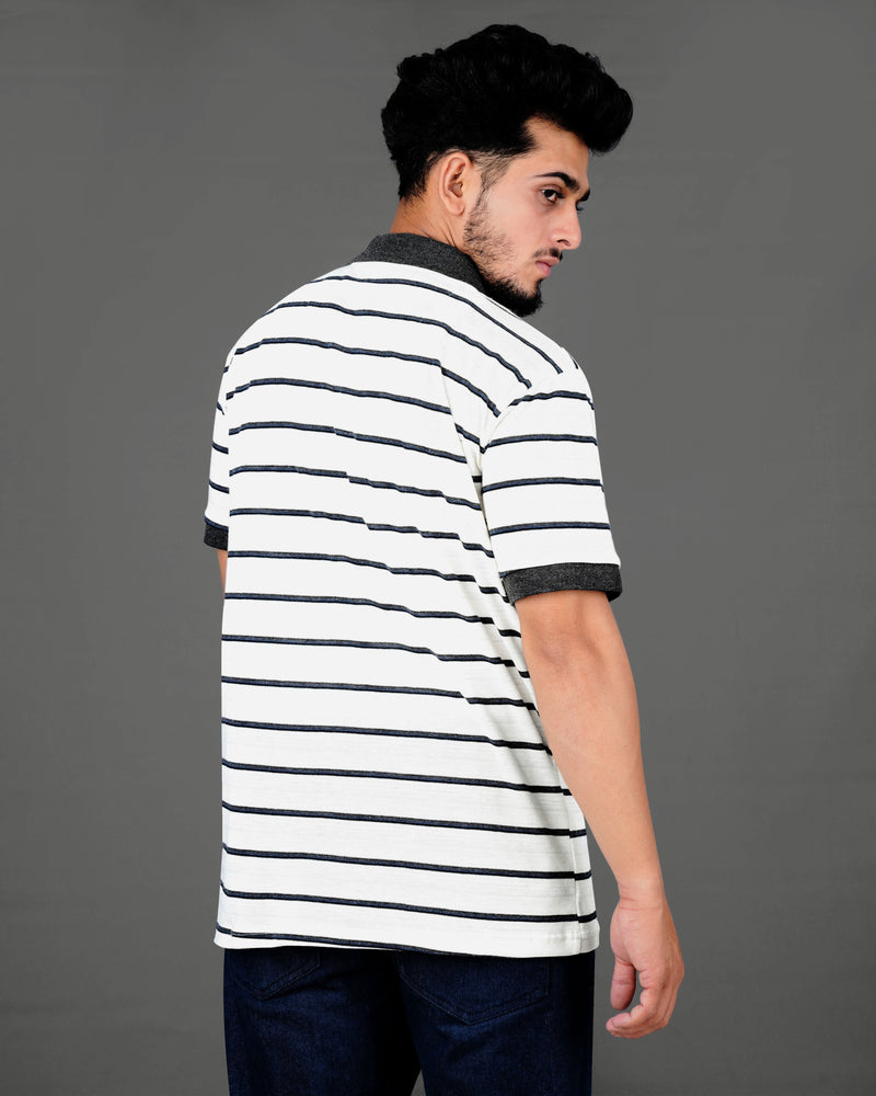 Bright White with Jade Black Striped Super Soft Organic Pique Polo