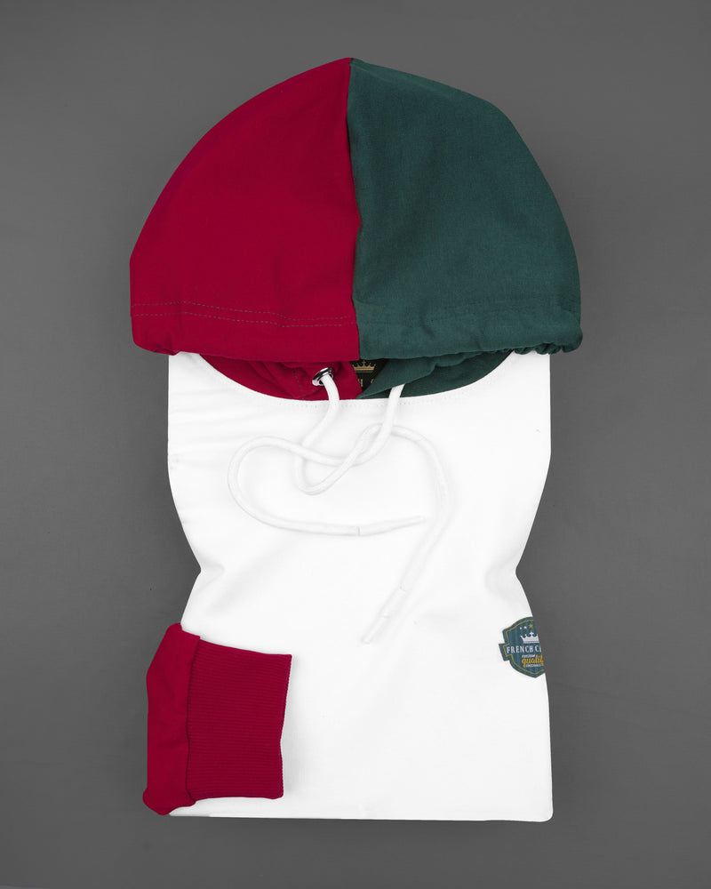 Bright White with Claret Red and Everglade Green Block Pattern Super Soft Premium Cotton Hoodie Sweatshirt TS609-S, TS609-M, TS609-L, TS609-XL, TS609-XXL, TS609-3XL, TS609-4XL