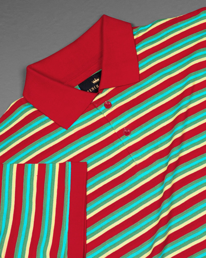 Shiraz Red and Viridian Green Multicolour Striped Super Soft Organic Cotton Pique Polo TS625-S, TS625-M, TS625-R, TS625-XL, TS625-XXL, TS625-3XL, TS625-4XL