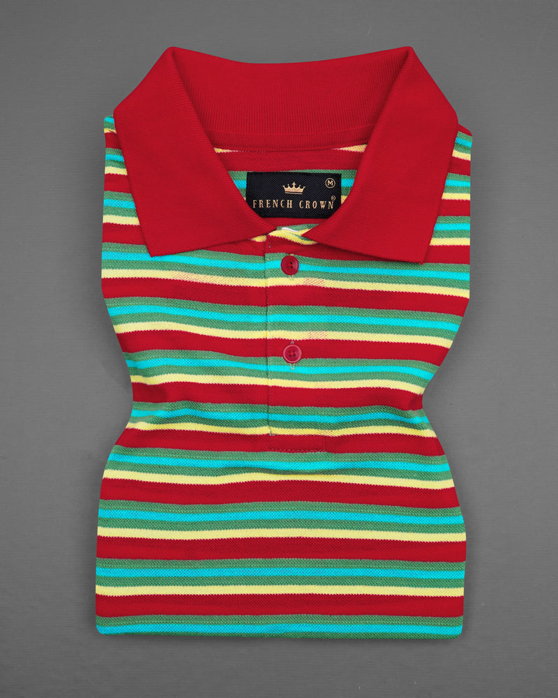 Shiraz Red and Viridian Green Multicolour Striped Super Soft Organic Cotton Pique Polo TS625-S, TS625-M, TS625-R, TS625-XL, TS625-XXL, TS625-3XL, TS625-4XL