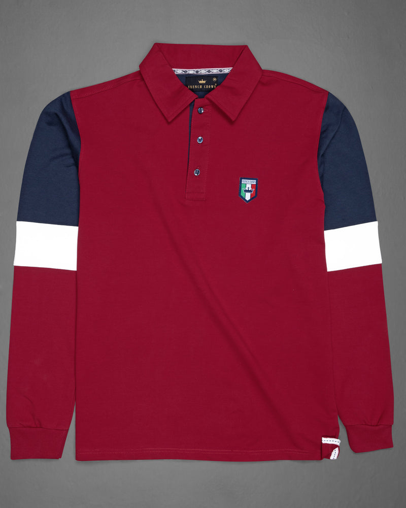 Claret Red Block Pattern Full Sleeve Super Soft Polo SweatshirtTS635-C, TS635-M, TS635-A, TS635-XL, TS635-XXL, TS635-3XL, TS635-4XL