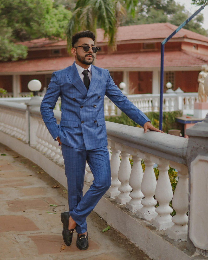 Royal Blue Plaid Double Breasted Suit