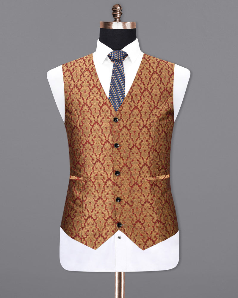 Vivid Auburm and Golden Jacquard Textured Waistcoat