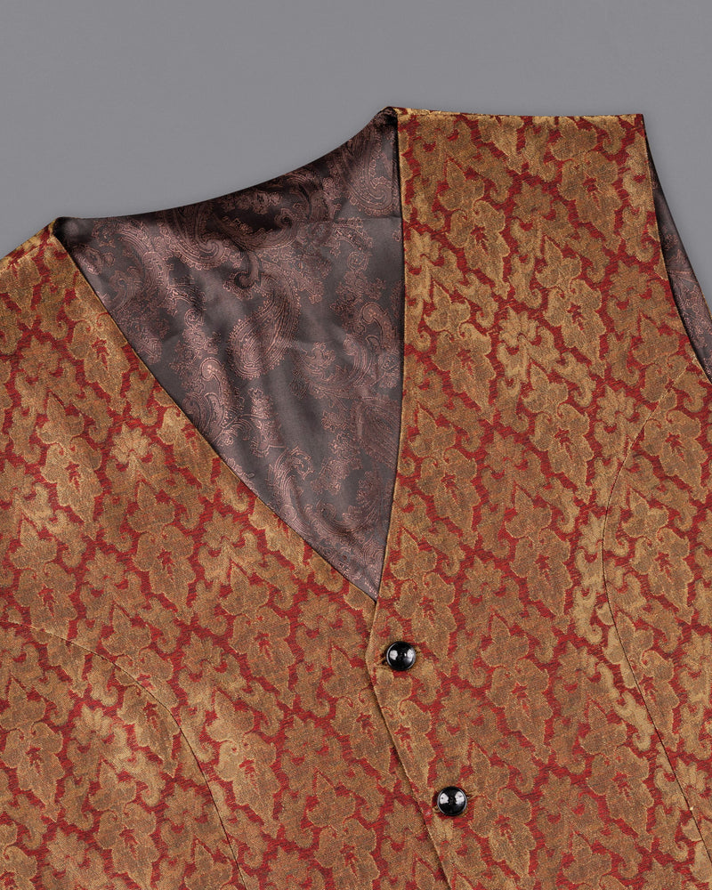 Vivid Auburm and Golden Jacquard Textured Waistcoat