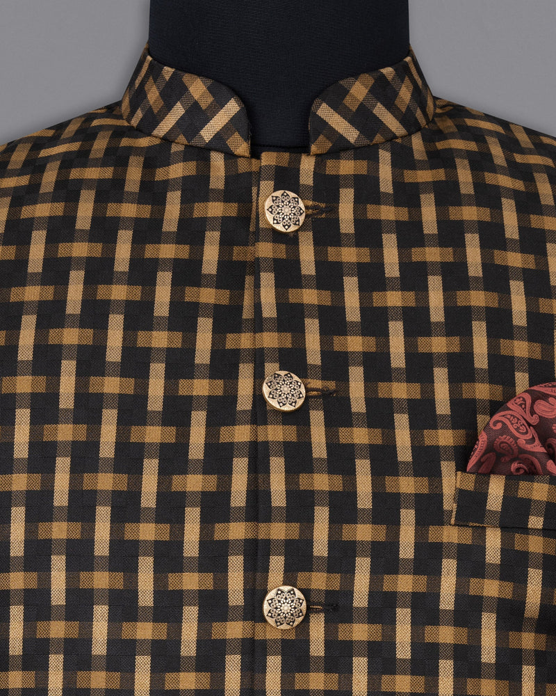 Smoky Black and Harvest Gold Plaid Nehru Jacket