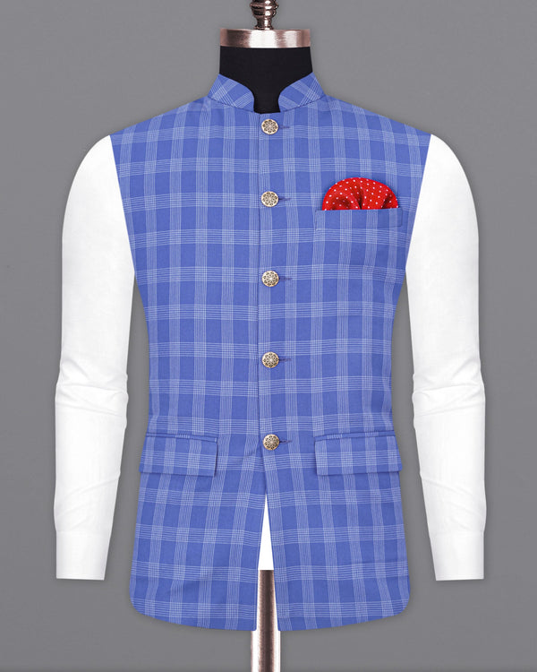 Glaucous Blue Plaid Nehru Jacket