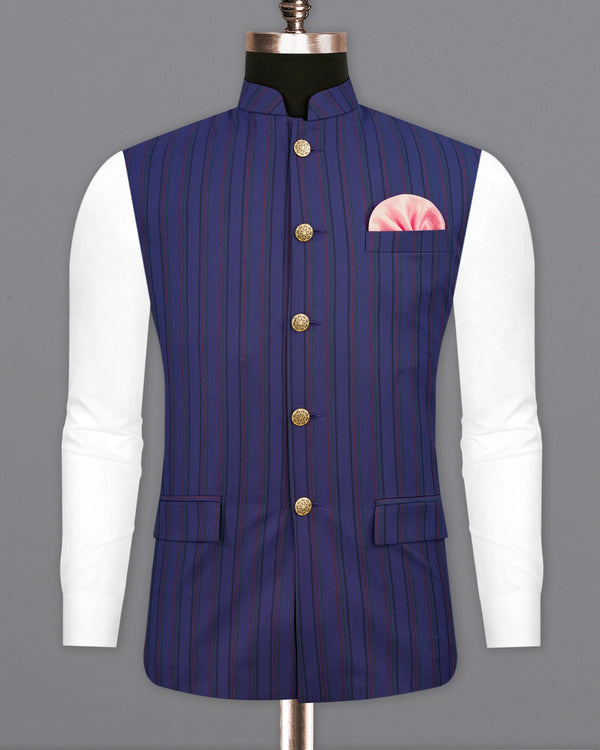 Violent Navy Blue Multicolour Striped Cross Buttoned Bandhgala Nehru Jacket  WC2152-38, WC2152-39, WC2152-40, WC2152-42, WC2152-44, WC2152-46, WC2152-48, WC2152-50, WC2152-52