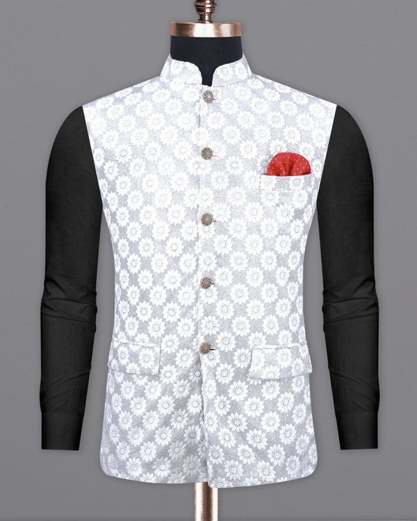 Heather Silver with White Floral Embroidered Nehru Jacket WC2160-38, WC2160-39, WC2160-40, WC2160-42, WC2160-44, WC2160-46, WC2160-48, WC2160-50, WC2160-52