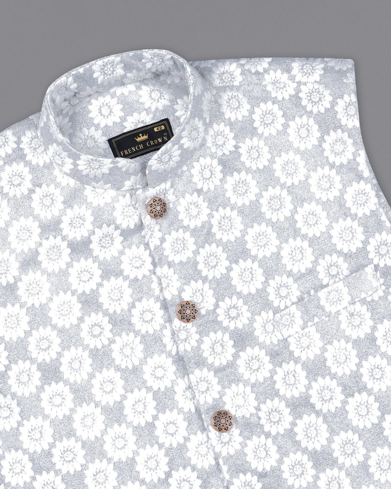 Heather Silver with White Floral Embroidered Nehru Jacket WC2160-38, WC2160-39, WC2160-40, WC2160-42, WC2160-44, WC2160-46, WC2160-48, WC2160-50, WC2160-52