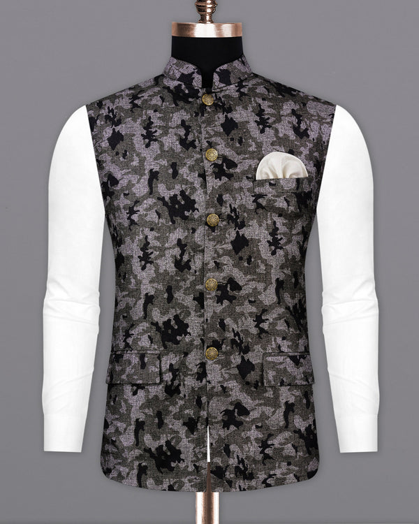 Merlin Green with Scorpion Gray Chintz Printed Bandhgala Nehru Jacket WC2169-38, WC2169-39, WC2169-40, WC2169-42, WC2169-44, WC2169-46, WC2169-48, WC2169-50, WC2169-52